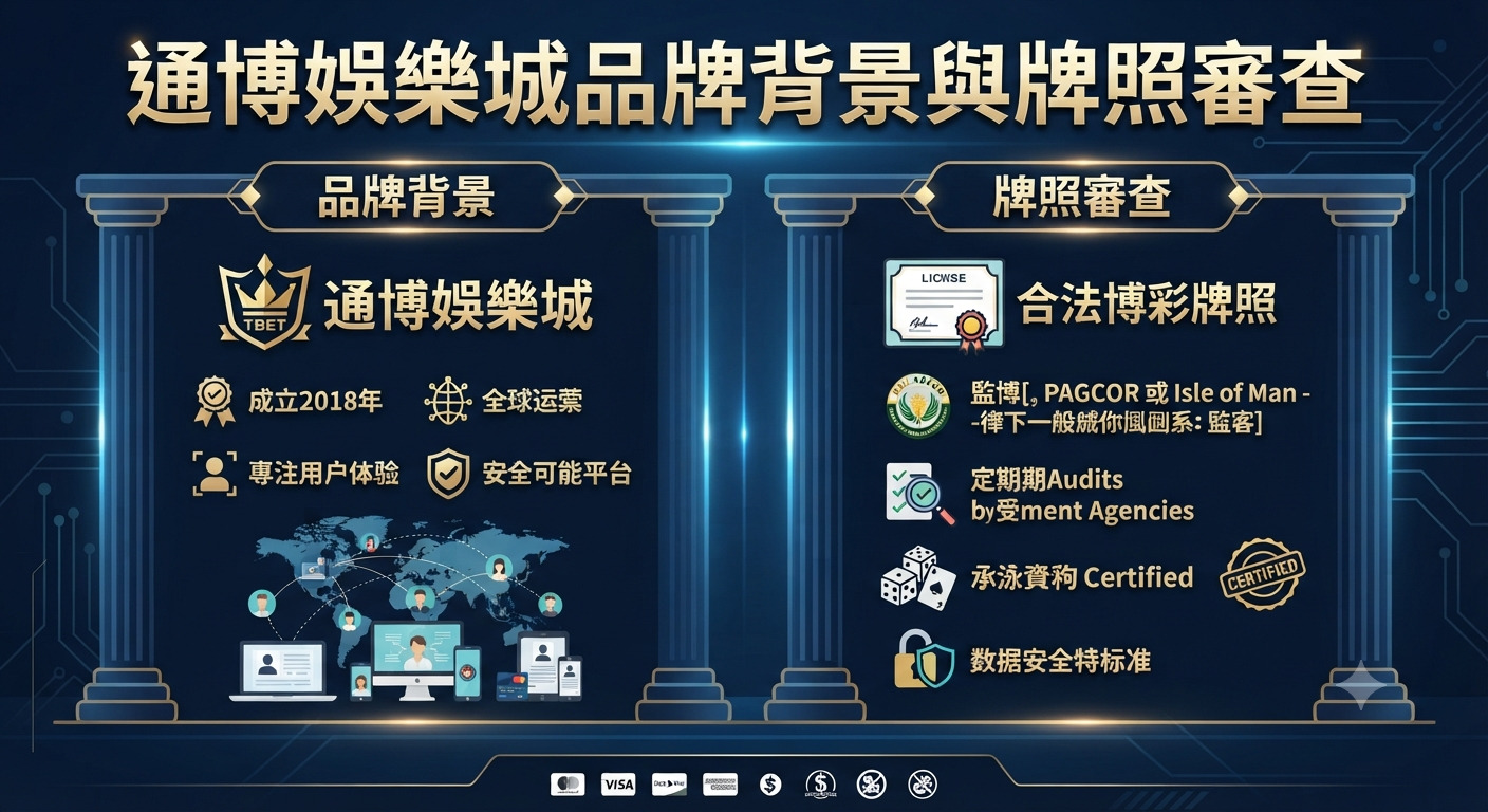 圖片展示了通博娛樂城品牌背景與牌照審查的主題。 畫面採用科技感藍金色調,並帶有專業的雙柱與資訊圖表設計。