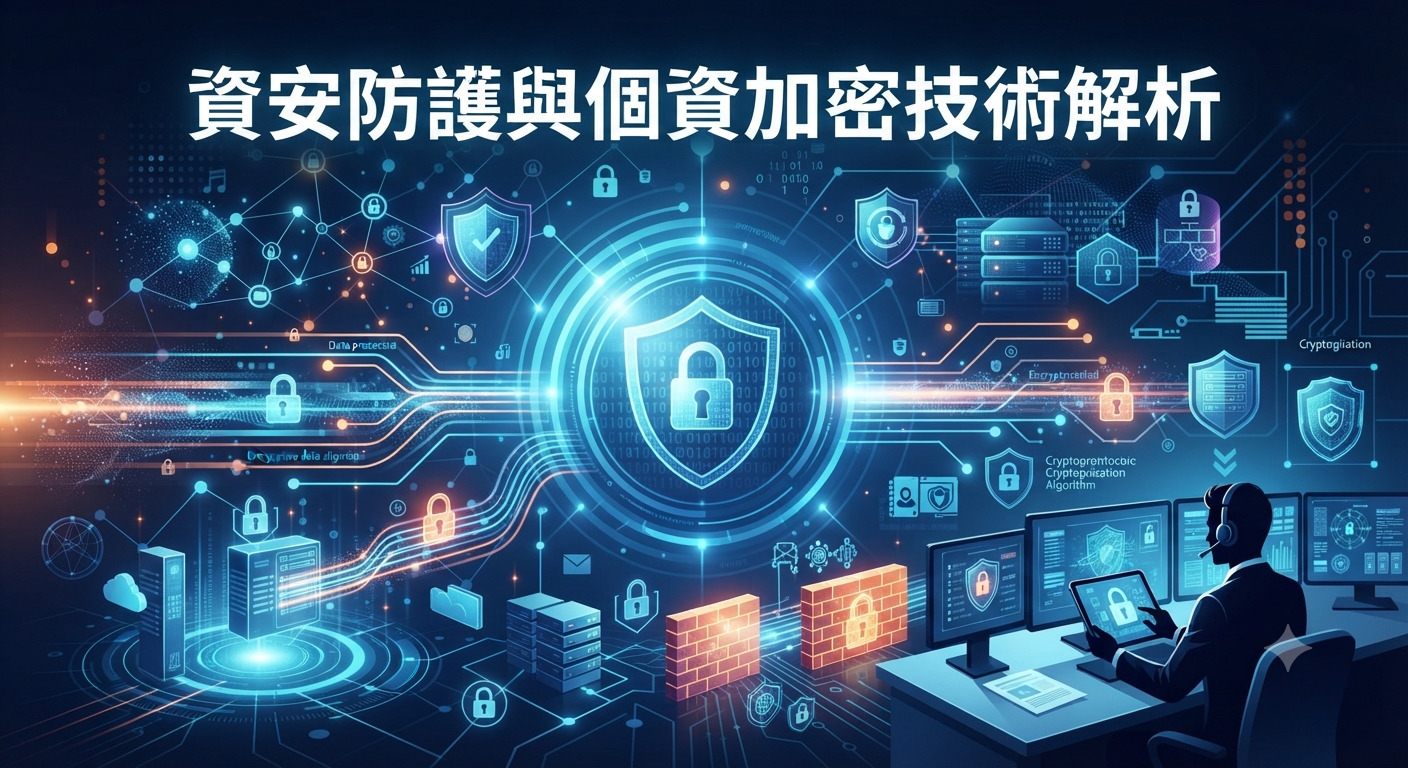 這是一張以「資安防護與個資加密技術解析」為主題的科技感圖片,畫面中央帶有大型加密鎖與防護盾牌。 整體視覺融合了藍色數位網路、伺服器節點以及正在監控網路安全的技術人員意象。